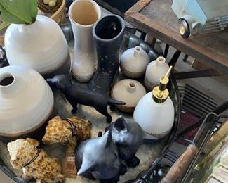 assorted pottery, resin and ceramic decor items
