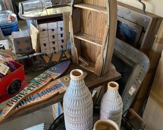boat shelf, grey pottery vase set, round accent tables