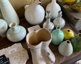 assorted pottery, glass and ceramic decor items, lazy susan