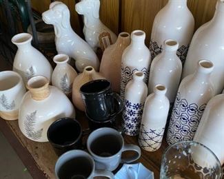 Assorted metal, glass, ceramic decor items and mugs