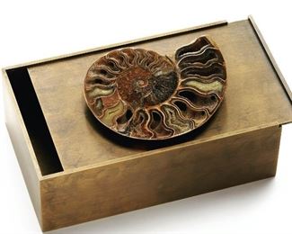Assorted hand forged bronze boxes with a concealed lid, featuring minerals on top - Quartz, Ammonites, Malachite. 10" x 6" x 3" $550