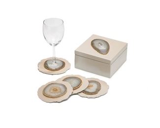 Assorted steel boxes featuring a powder coat finish in Champagne, Chocolate or Charcoal with assorted mineral on top. 6" x 6" x 3" $35, matching coaster sets of 4 coasters $5 per set