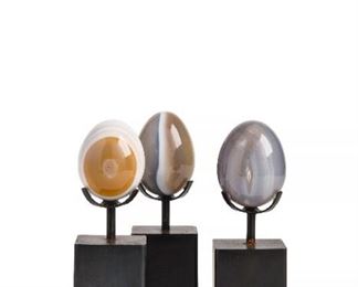 Agate eggs on custom steel mount 2" x 2" x 6.5" $18 Other assorted eggs as well - Tigers Eye, Malachite, Chrysocolla, priced dependent upon mineral