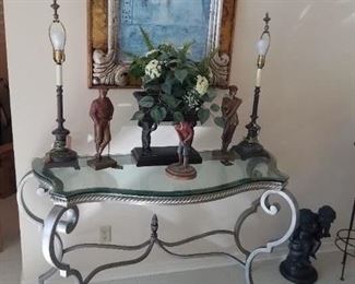 Wrought iron hall table, golf / golfer statues, lamps and art 