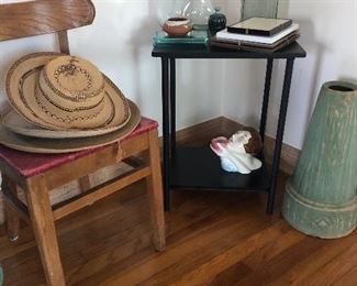 Great wooden chairs(4). Side table. Hats. Art. Vases. Pottery.Art deco lady vase piece.