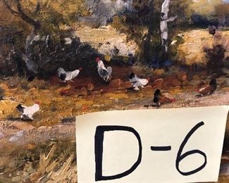 D-6, Large old chicken oil painting, 45” wide, 25” tall, $140.00