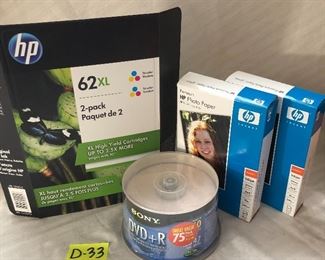 D-33, unopened inks, photo paper and disks, $18.00/all