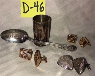 D-46, cufflinks, shot glass and spoon lot, $14