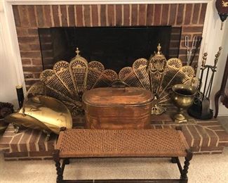 Pair of Vintage Brass Peacock Fireplace Screens, Copper Double Wash Boiler, Antique Bench