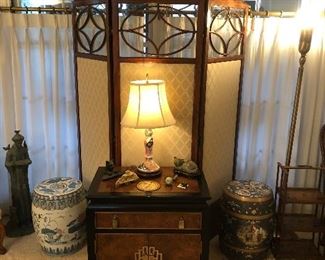 Antique Wood/Glass/Fabric Screen, Oriental Garden Seats, Cabinet and small Art 