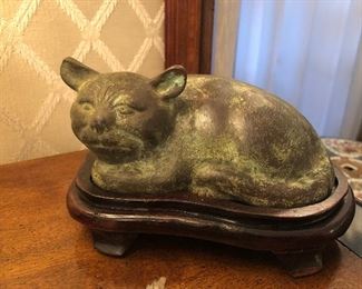 Vintage Bronze Cat & Wood Base