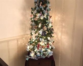 Fully Decorated Christmas Tree, and Antique Drop Leaf End table with 2 Drawers
