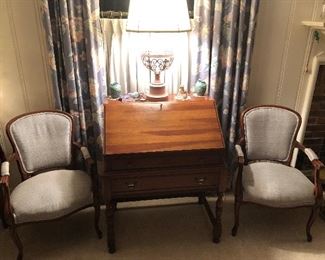 Vintage Cherry Secretary and 2 Padded Arm Chairs