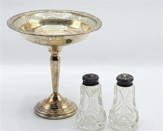 Sterling Silver weighted Pedestal Bowl Candy Dish + Set of Crystal Salt & Pepper Shakers