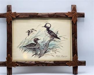J. Lockhart, "Hooded Merganser" Wildlife Print in Hand Carved Wood Frame