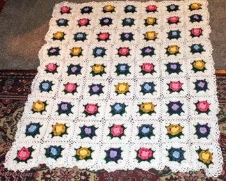 Vintage Crochet Afghan Granny Squares Blanket Throw with Colorful 3D Flowers 61" x 49"