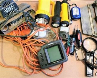 Large Household Garage Lot - Work Light, Flashlights, Fish Finder, Craftsmen Belt Sander, Multimeter, Electric Tester + more