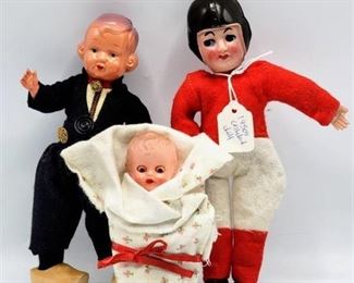 1950s Celluloid Football Player Doll, Celluloid/Plastic Dutch Boy Doll + Vintage "Blue-Box" baby doll