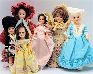 (6) Vintage Mid-Century Hard Plastic Dolls with Crochet Dresses + more