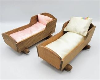 (2) Wooden Doll Cradle Beds with Pillows & Mattress