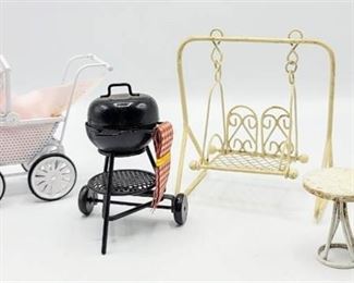 Dollhouse Miniatures - Charcoal Grill, Stroller, Swing + Table with Chair