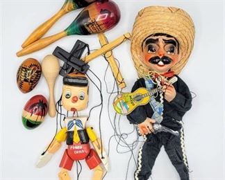 (2) Wooden Marionettes - Pinocchio and a Mariachi + Maracas