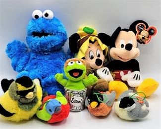 (8) Plush Stuffed Animals Characters Lot - Mickey Mouse, Cookie Monster, Oscar the Grouch + Birds