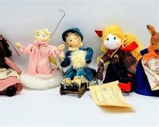 (5) Folk Art / Artisan Dolls - German Wooden Handcarved Bunny, Prairie Doll, Kitty Carson Doll Factory + more