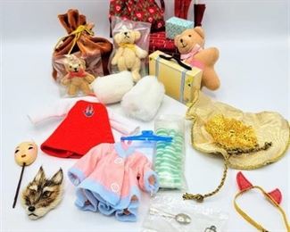 Lot of Doll Accessories - Including Doll Wolf Mask, Madame Alexander Doll Teddy Bears, Clothes + more