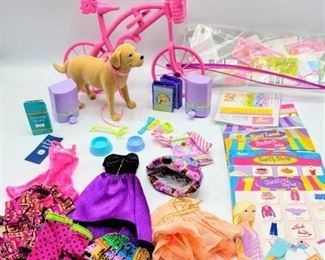 Barbie Fun Lot - Pink Bicycle, Barbie Tanner Dog with Accessories + Barbie Love To Shop Accessories