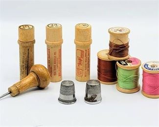 (3) Vintage Boyer Brand Needle Cases, Thimbles, Thread + more