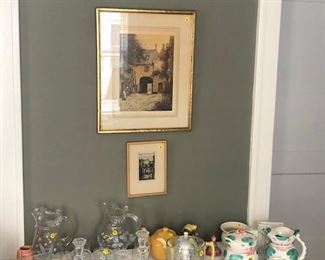 kitten cream, pitchen and , two painted glass lemonade sets with glasses teapots
