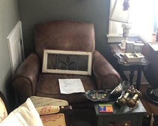 leather chair, stained glass window small table French print chair