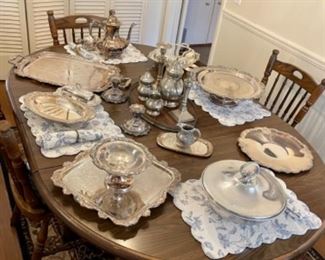 silverplate items, dark pine dinette table with 4 chairs