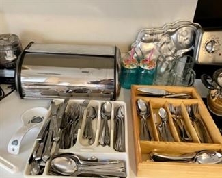 chrome bread box, utensils