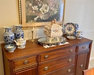 Antique buffet, blue & white pieces