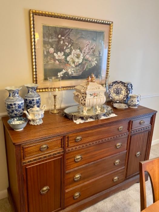 Antique buffet, blue & white pieces