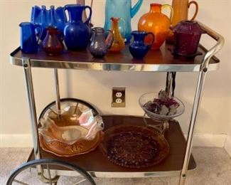 art glass, Iris & Herringbone, Tiara amber egg plate, Mid Century teacart