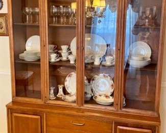 Mid Century Modern china cabinet, Old Country Roses pieces, crystal