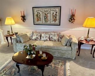 Mid Century sofa, Queen Ann coffee table and drop leaf end tables,