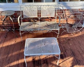 metal settee, coffee table, plant stands