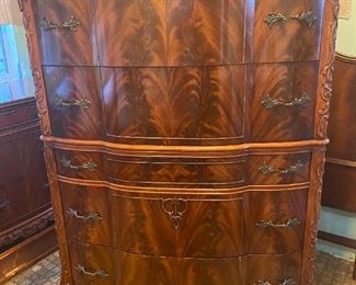 Crotch mahogany high boy dresser
