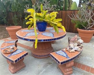 Custom terra cotta tiled outdoor table and benches