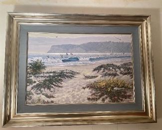Large print on canvas of Coronado beach with Point Loma in the background by artist Kromschroeder, measures 39"x29", art 30"x20"