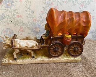 Chalkware figural covered wagon and oxen table lamp