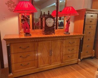 Beautiful dresser and lingerie chest with black column detail; pair of Blackamoor figural lamps . . . the figures are black with red red turban hats and Aladdin pant clothing.