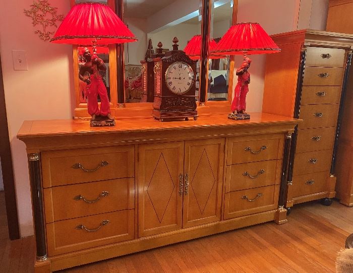 Beautiful dresser and lingerie chest with black column detail; pair of Blackamoor figural lamps . . . the figures are black with red red turban hats and Aladdin pant clothing.