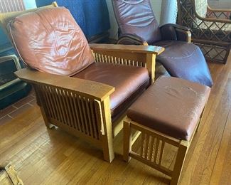 Mission oak leather armchair recliner and ottoman