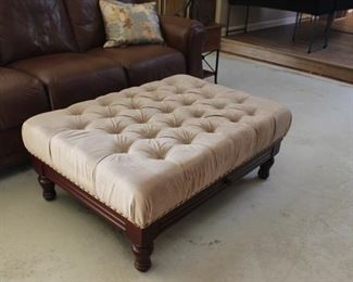Tufted Neutral Ottoman with Wood Trim
