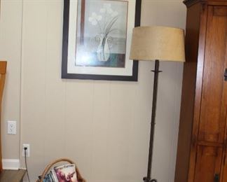 Wrought Iron Floor Lamp and Framed Floral Art
